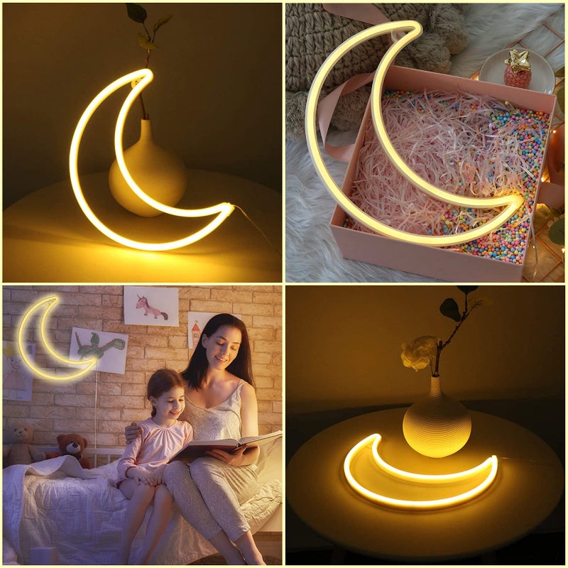 YAOZHOU LED Warm White Moon Neon Light, Cute Neon Moon Sign,Christmas Room Decor Battery or USB Powered 5V Art LED Decorative Lights Night Lights Indoor for Home, Bedroom, Office,Dorm,Party (Warm White Moon) - Image 2